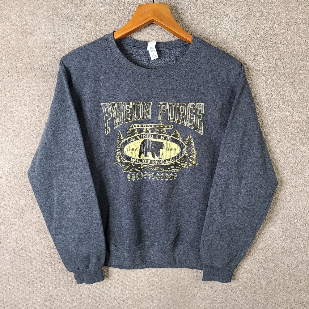 Jerzees Sweatshirt Mens Small Gray Pigeon Forge Bear Graphic Cotton Blend Casual